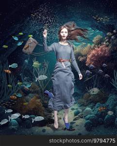 girl swims through the underwater landscape. Creative photo   media mix.. girl swims through the underwater landscape