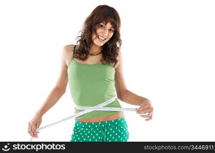 Girl taking measurements over a white background