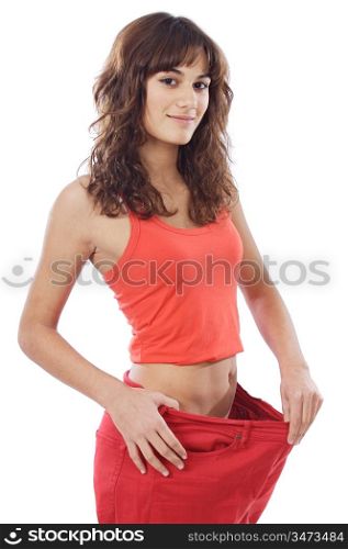 Girl taking measurements over a white background