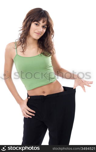 Girl taking measurements over a white background