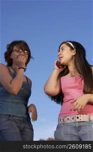 Girl talking on a mobile phone with a teenage girl standing beside her