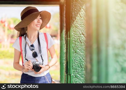 girl teen travel happy smile, Asian women tourist walking with hat backpack bag and camera