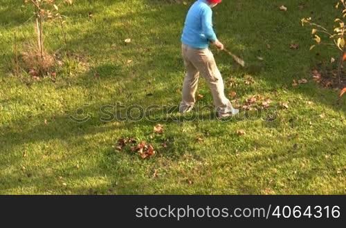 girl-teenager cleans leaves in a garden.