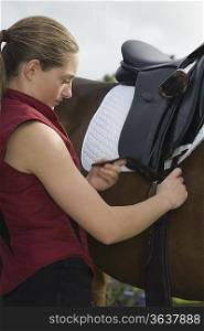 Girl tightening saddle on horse