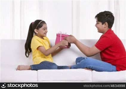 Girl trying to snatch gift box from brother