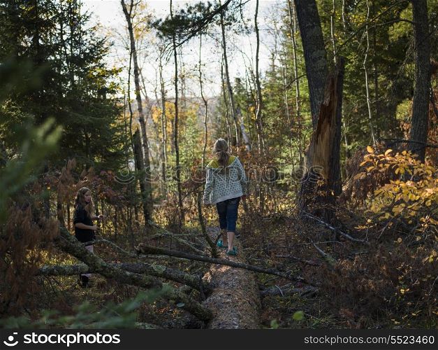 Girl walking on a fallen tree in a forest, Unorganized Kenora, Kenora, Lake of The Woods, Ontario, Canada