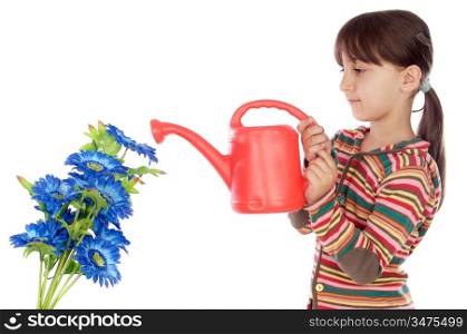 Girl watering flowers a over white background