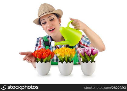 Girl watering plants on white