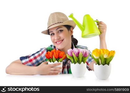 Girl watering plants on white