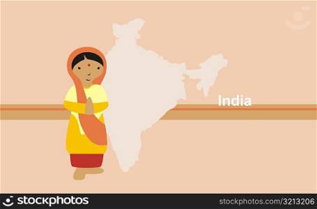 Girl wearing a sari in front of the map of India