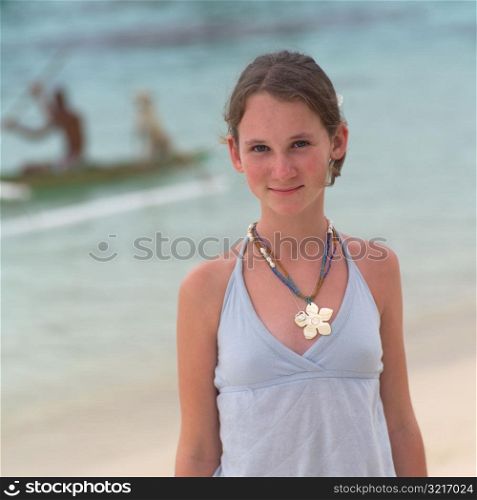 Girl Wearing Necklace on Beach at Moorea in Tahiti