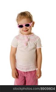 Girl wearing pink sunglasses isolated on white