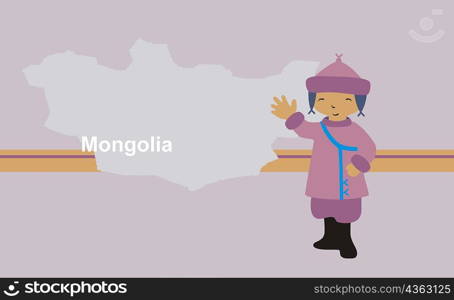 Girl wearing traditional clothing in front of the map of Mongolia