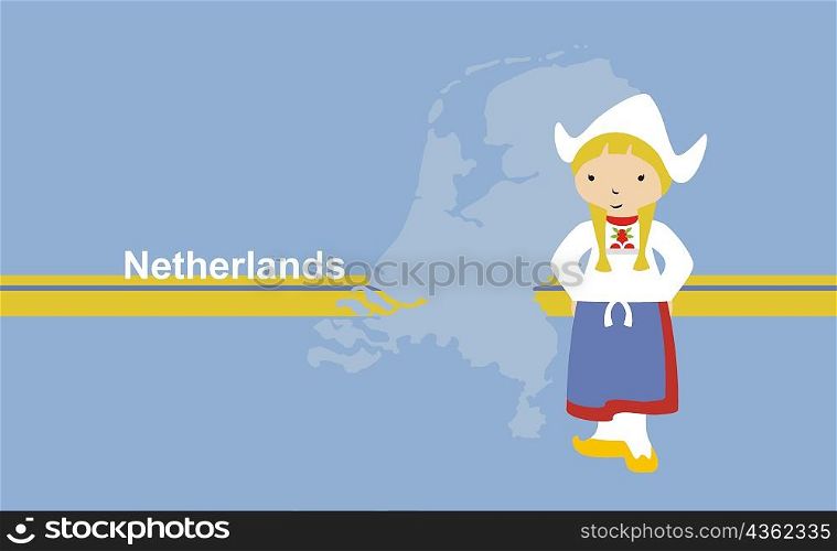 Girl wearing traditional clothing in front of the map of Netherlands