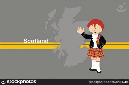 Girl wearing traditional Scottish clothing in front of the map of Scotland