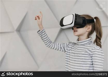girl wearing virtual reality headset holding hand air