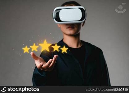 girl wearing VR glasses Internet connection global metaverse customer or customer hand holds five stars with copy space five star rating service rating Satisfaction Concept