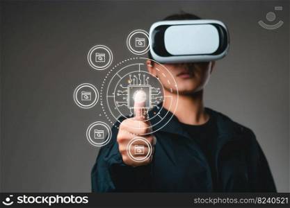 girl wearing VR glasses virtual global internet connection metaverse document management system online document database in the document file concept Automated processes to manage files efficiently. future technology