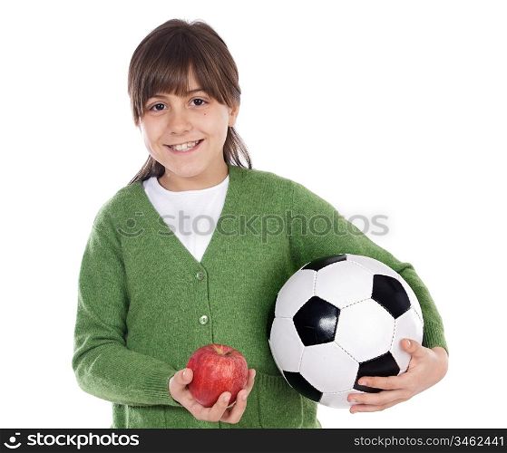 Girl whit ball and apple a over white background