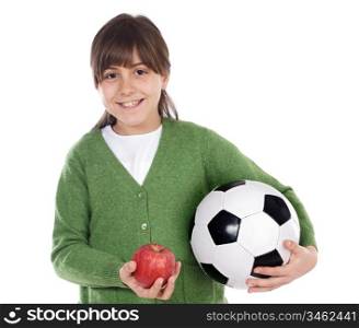 Girl whit ball and apple a over white background