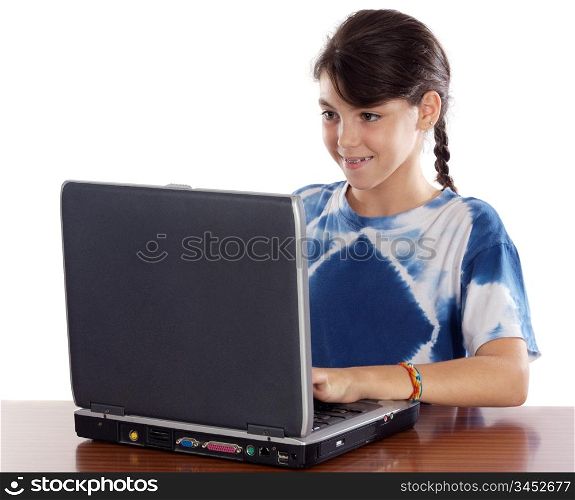 Girl whit laptop a over white background
