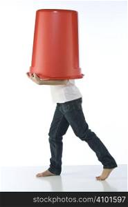 girl who walks with bin red on the head