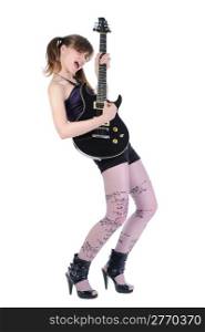girl with a black guitar. Isolated on white background
