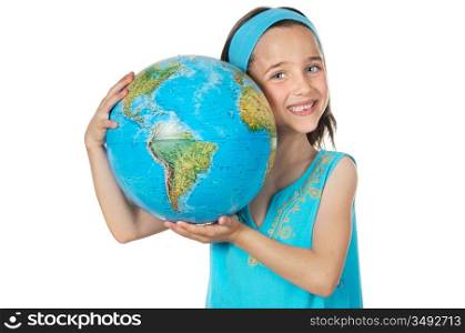 Girl with a globe of the world over white background
