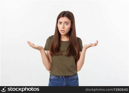 Girl with a suspicious look and hand on her side on a white isolated background. Girl with a suspicious look and hand on her side on a white isolated background.