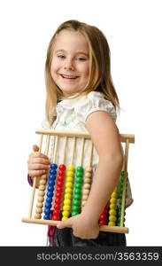 Girl with abacus on white