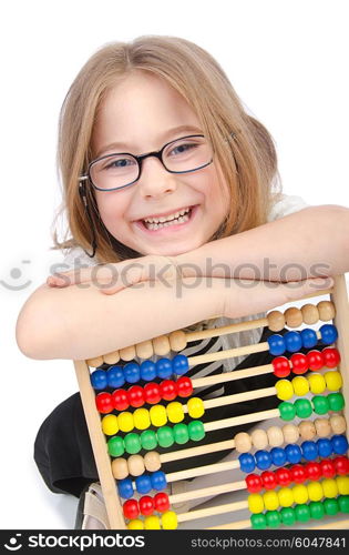 Girl with abacus on white