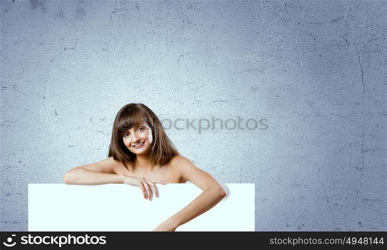 Girl with banner. Naked attractive girl with white blank banner