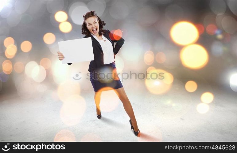 Girl with banner. Top view of excited businesswoman holding white blank banner. Place for text