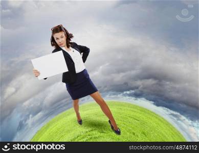 Girl with banner. Top view of smiling businesswoman holding white blank banner. Place for text