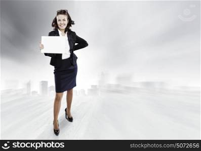 Girl with banner. Top view of smiling businesswoman holding white blank banner. Place for text