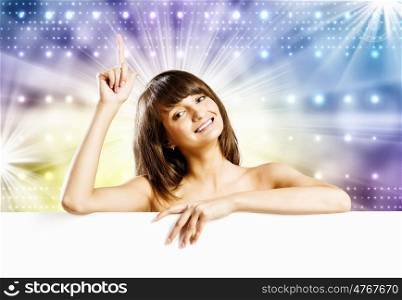 Girl with banner. Young naked girl holding white blank banner. Place for text