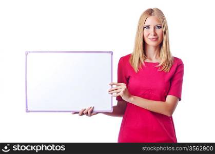 Girl with blank board on white