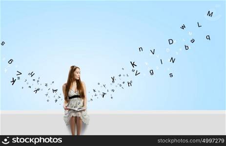 Girl with book. Young cute woman reading book an characters flying around