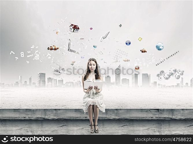 Girl with book. Young pretty asian woman sitting on bench and reading book
