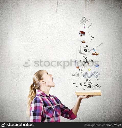 Girl with book. Young woman in casual holding opened book with icons flying out
