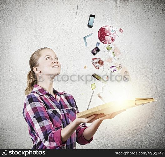 Girl with book. Young woman in casual holding opened book with icons flying out