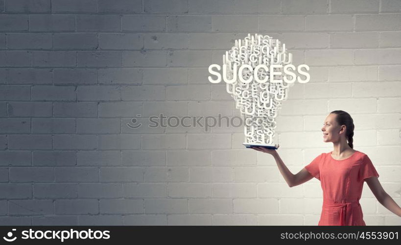 Girl with book. Young woman in red dress with book in hand