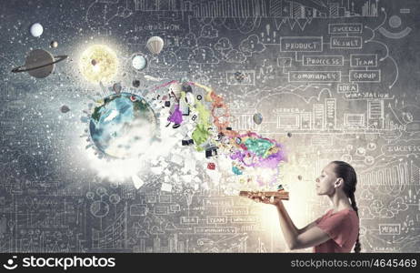 Girl with book. Young woman in red dress with book in hand. Elements of this image are furnished by NASA