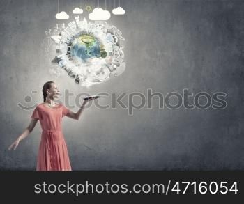 Girl with book. Young woman in red dress with book in hand. Elements of this image are furnished by NASA