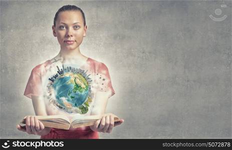 Girl with book. Young woman in red dress with book in hand. Elements of this image are furnished by NASA