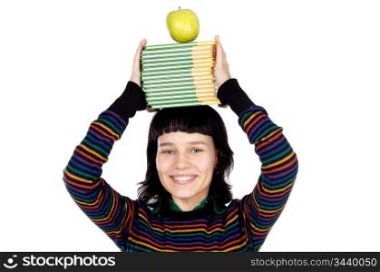 girl with books and apple in the head a over white background