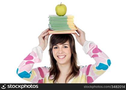 girl with books and apple in the head a over white background
