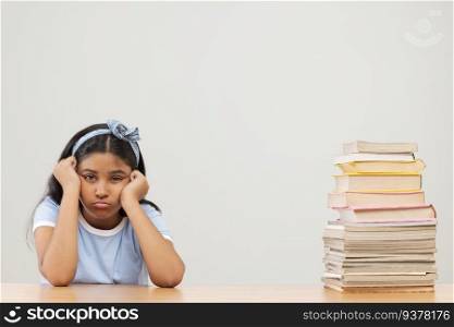 Girl with bored expression sitting beside stack of books 