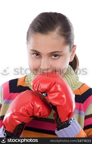 Girl with boxing gloves isolated on white