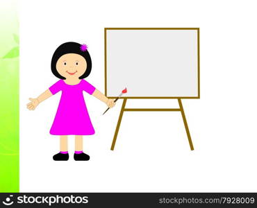 Girl With Brush Showing Child Creativity Or Painting Homework